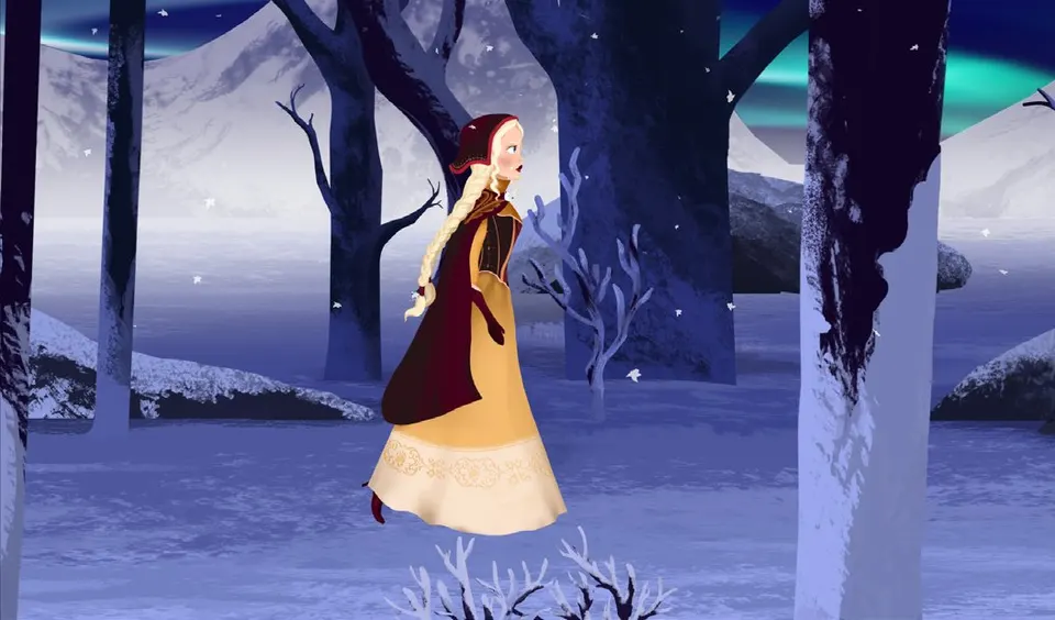 Fotograma da animação: a personagem na floresta noturna