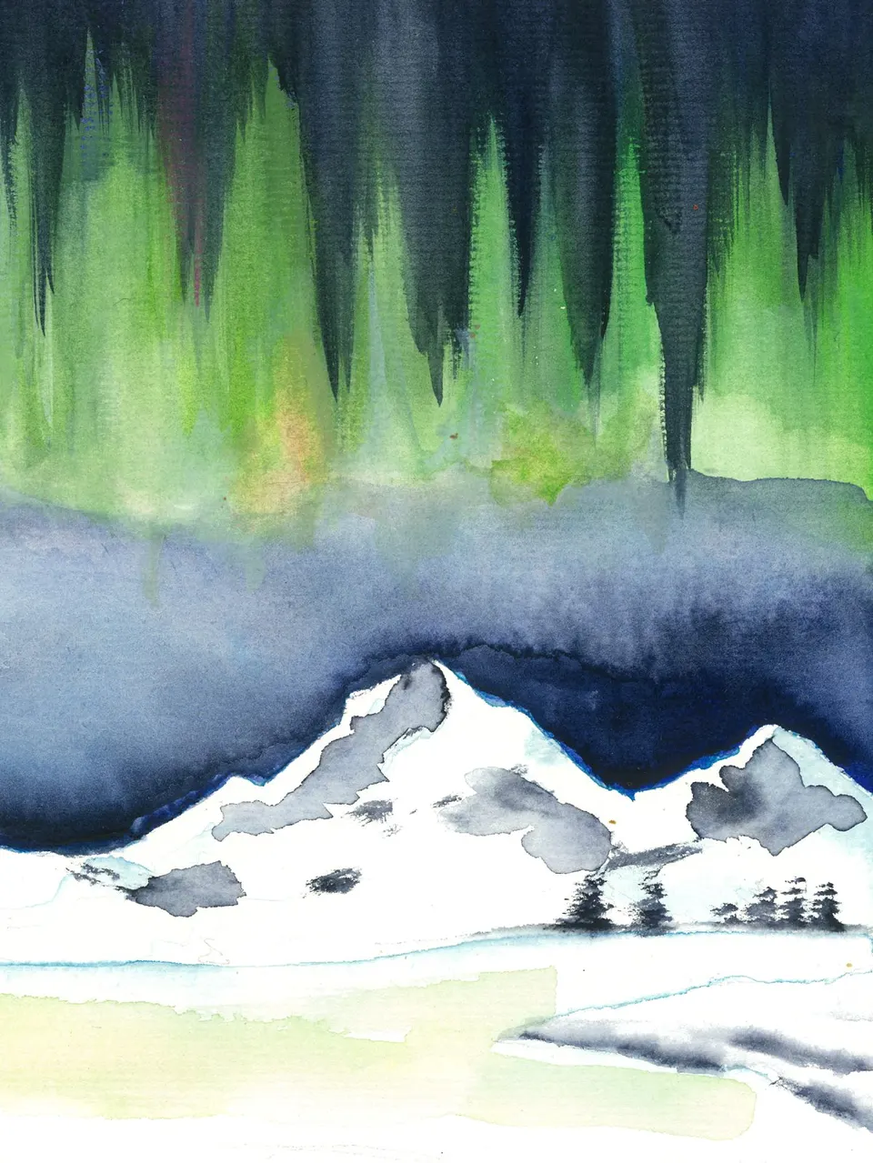 Aguarela de uma montanha com aurora